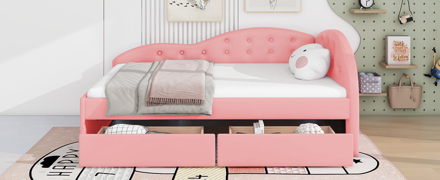 Twin Size PU Upholstered Tufted Daybed with Two Drawers and Cloud Shaped Guardrail, Pink - Atlantic Fine Furniture Melbourne FL