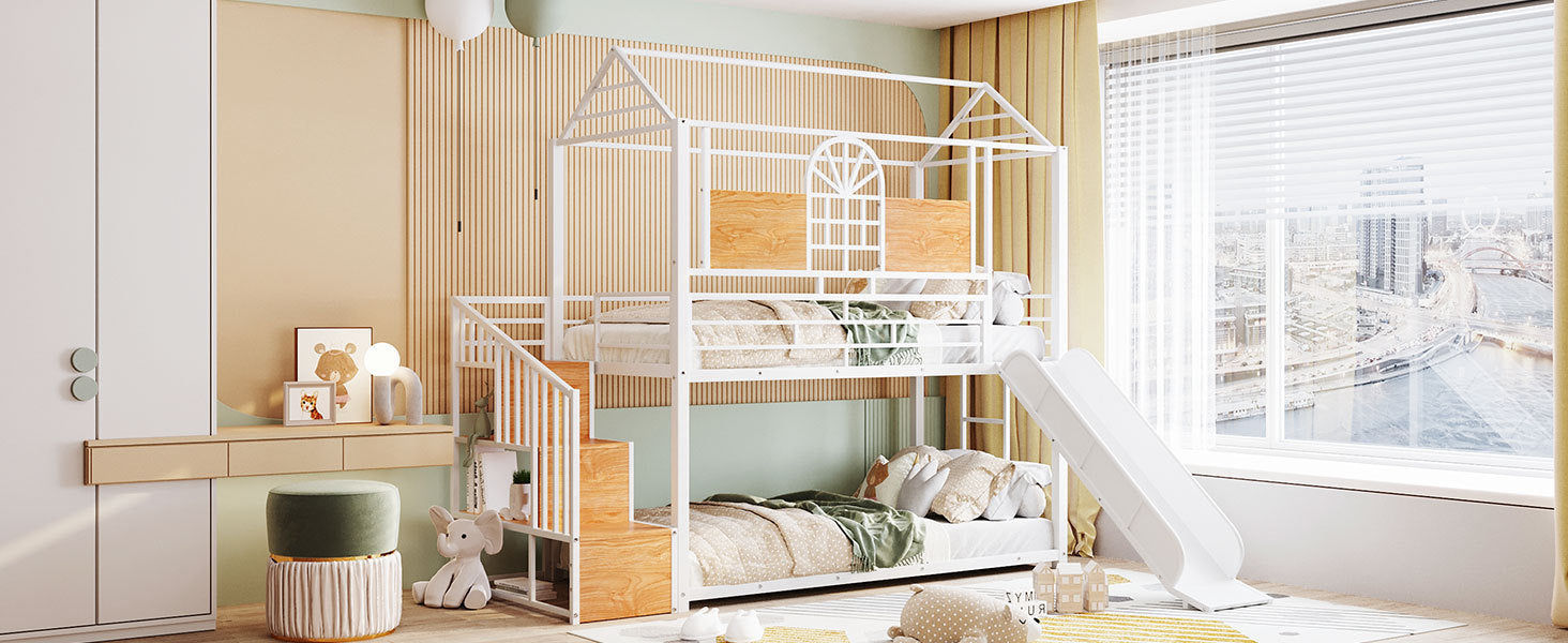 Twin Over Twin Metal Bunk Bed, Metal Housebed with Slide and Storage Stair, White with White Slide - Atlantic Fine Furniture Melbourne FL