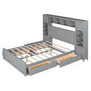 Queen Size Wooden Bed With All-in-One Cabinet, Shelf and Sockets, Gray