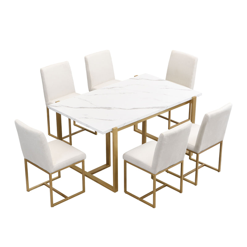 Modern Dining Table Set For 6 Faux Marble Kitchen Table Set With 6 Upholstered Dining Chairs, 7 Piece - White / Golden
