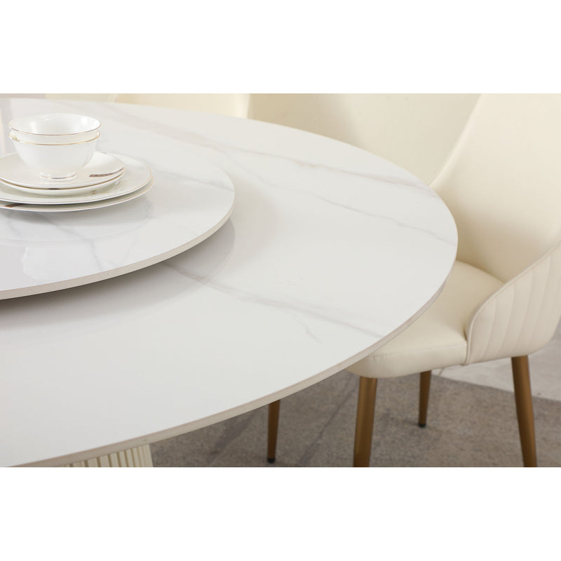 Modern Sintered Stone Dining Table With Turntable And Wood Metal Pedestal With 4 Chairs - Beige / White