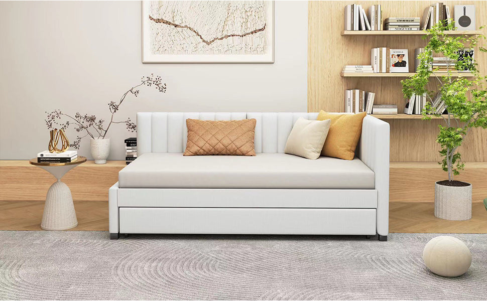 Upholstered Daybed with Trundle Twin Size Sofa Bed Frame No Box Spring Needed, Linen Fabric(Beige) - Atlantic Fine Furniture Melbourne FL
