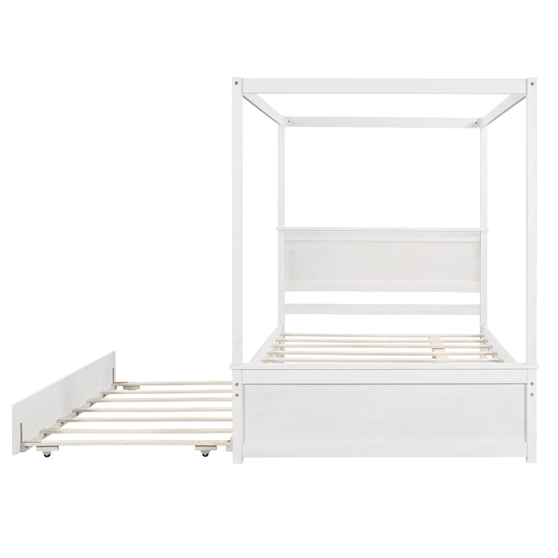 Wood Canopy Bed with Trundle Bed ,Full Size Canopy Platform bed With  Support Slats .No Box Spring Needed, Brushed White