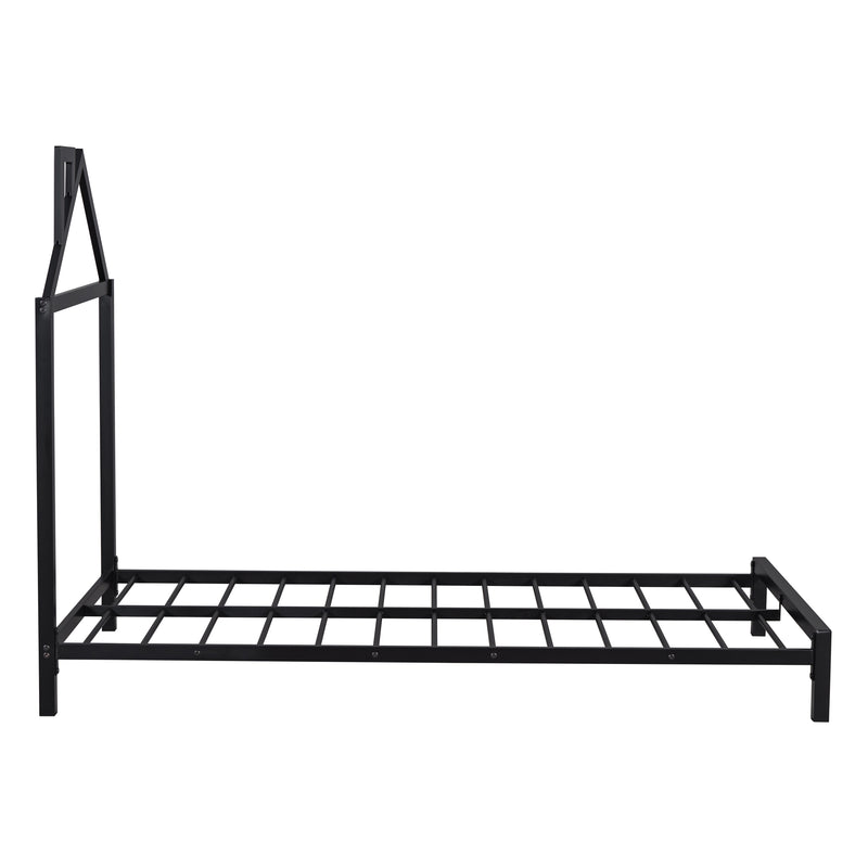 Twin Size Metal Platform Bed with House-Shaped Headboard Design, Black