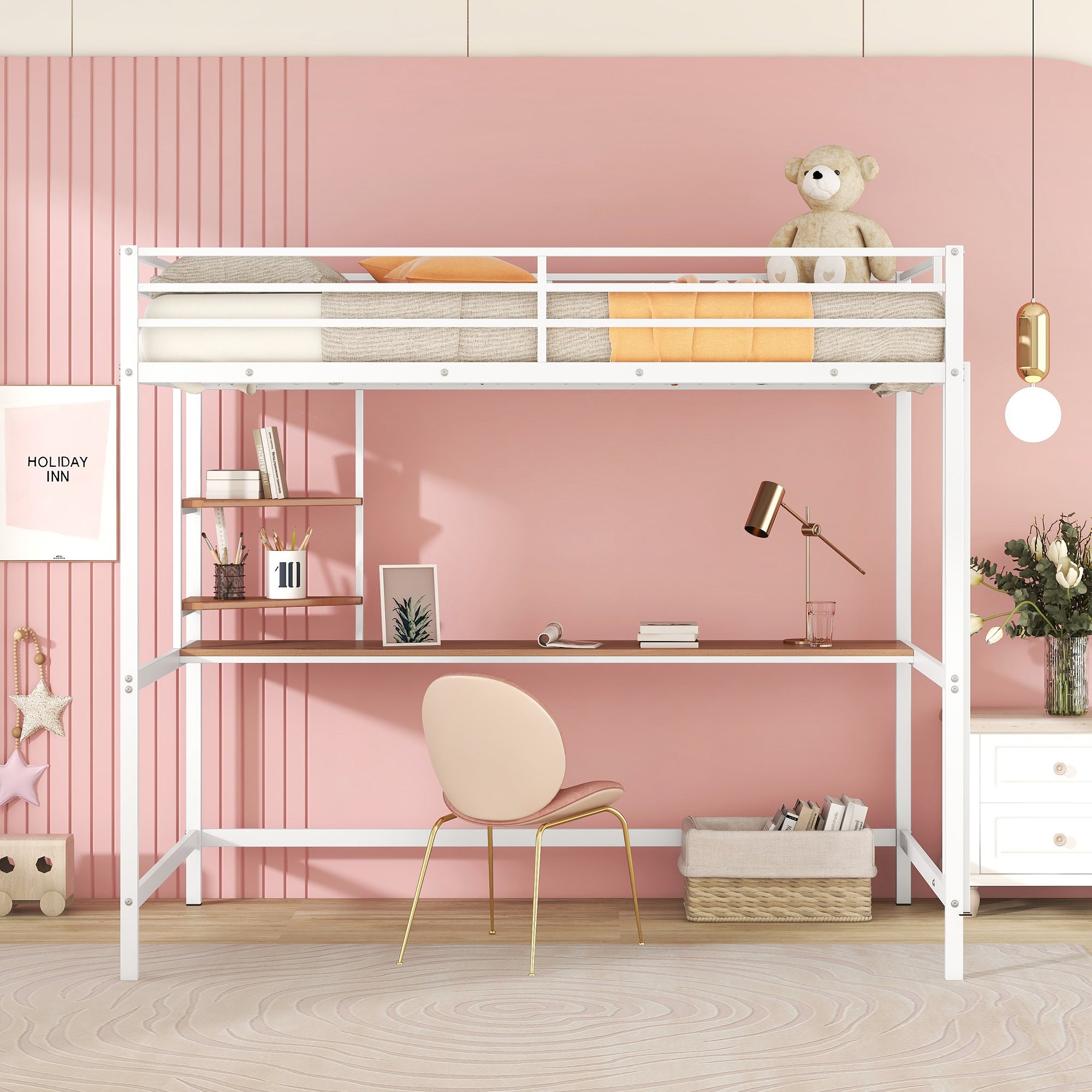 Full Metal Loft Bed with Desk and Shelve, White - Atlantic Fine Furniture Melbourne FL