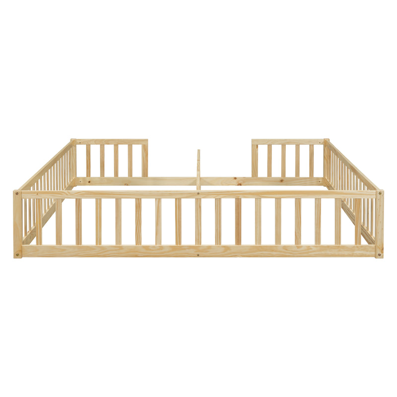 Double Twin Floor Bed with Fence, Guardrails, without door, Natural