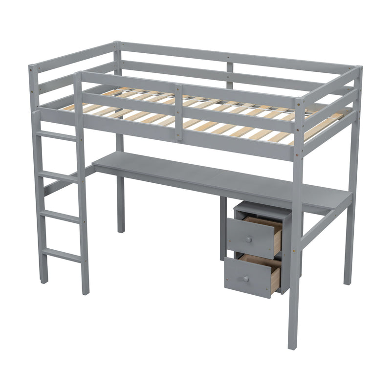 Loft Wood Bed With Under-Bed, Built-In Desk, A Storage Cabinet Of 2 Drawers, Guardrails, Ladder