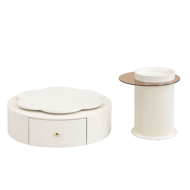 Modern Round Coffee Table (Set of 2), 360 Degree Rotatable Flower Shaped Top With 2 Drawers, Top Circle Side Table End Table With Glass For Living Room - Off White