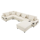 U Shaped Sectional Sofa 6 Seat Couch Set With Oversized Ottoman, Hidden Armrest Storage And Cup Holders USB Charging Ports Wide Seat Sofa