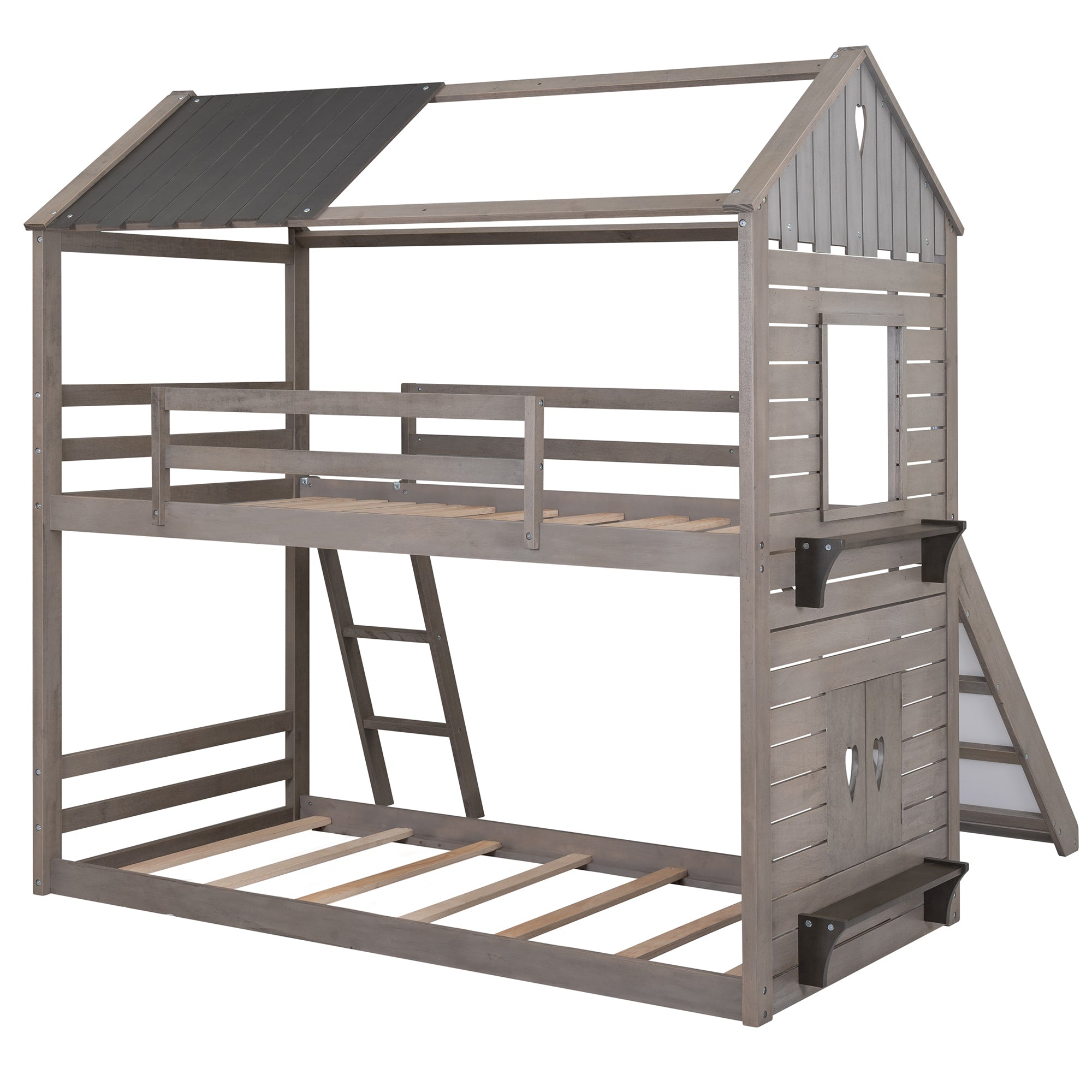 Twin Over Twin Bunk Bed Wood Bed with Roof, Window, Slide, Ladder ,Antique Gray(OLD SKU:LP000059AAE) - Atlantic Fine Furniture Melbourne FL
