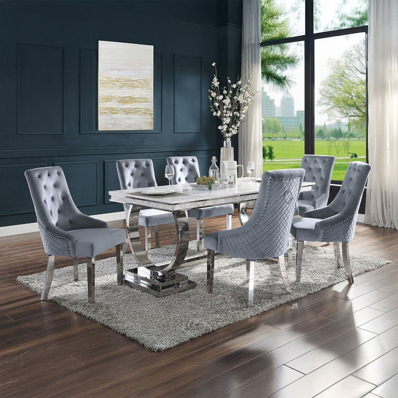 Zander - Dining Table - White Printed Faux Marble & Mirrored Silver Finish - Atlantic Fine Furniture Inc