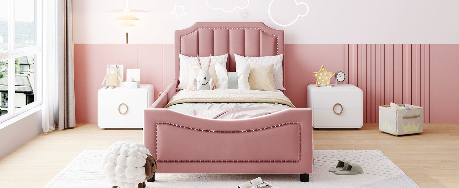 Twin Size Upholstered Daybed with Classic Stripe Shaped  Headboard, Pink - Atlantic Fine Furniture Melbourne FL