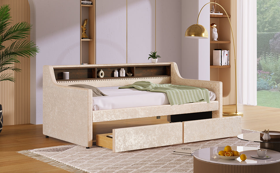 Twin Size Snowflake Velvet Daybed with Two Storage Drawers and Built-in Storage Shelves,Beige - Atlantic Fine Furniture Melbourne FL