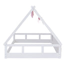 Wooden Full Size Tent Bed with Fabric for Kids,Platform Bed with Fence and Roof, White+Pink