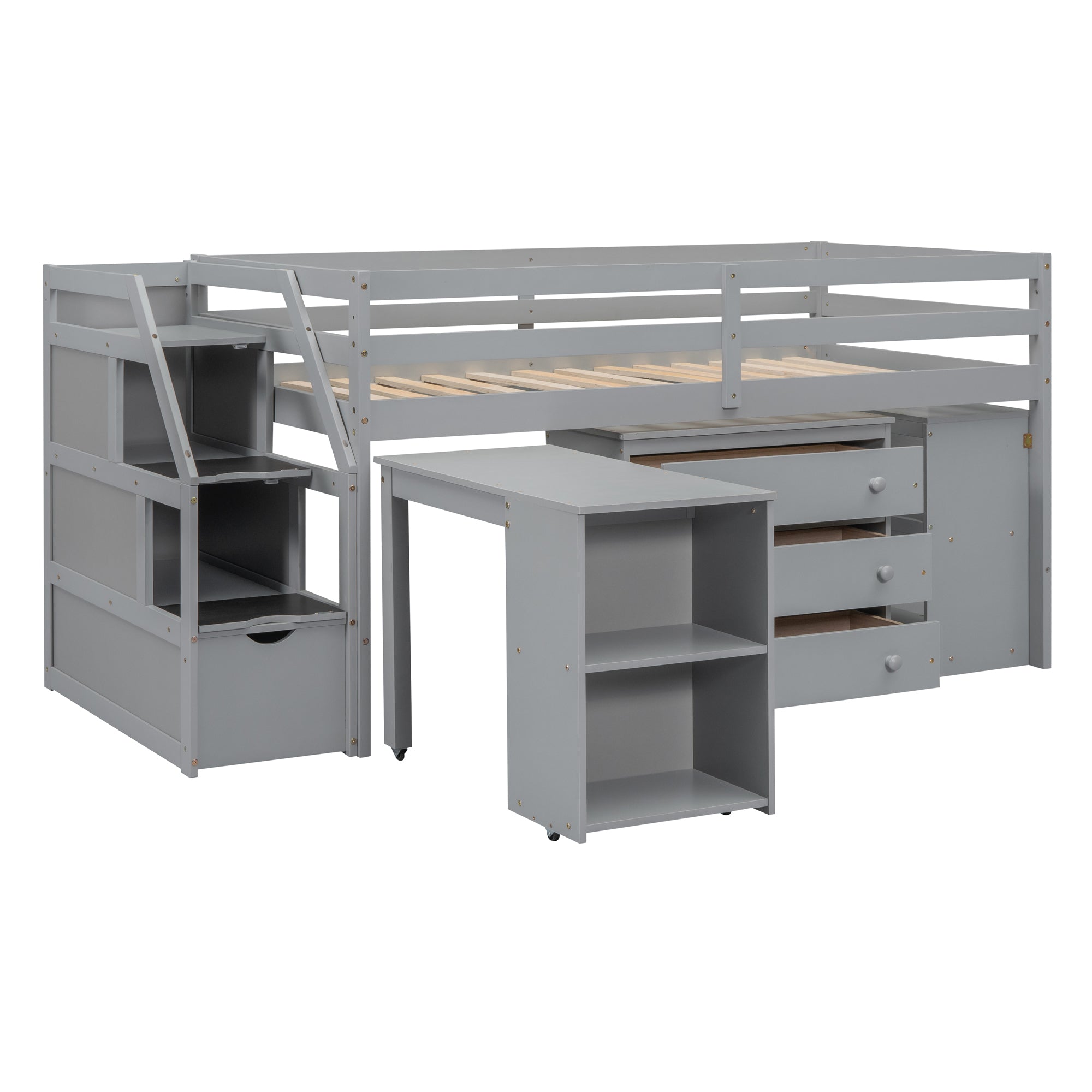 Twin Size Loft Bed with Retractable Writing Desk and 3 Drawers, Wooden Loft Bed with Storage Stairs and Shelves, Gray - Atlantic Fine Furniture Melbourne FL