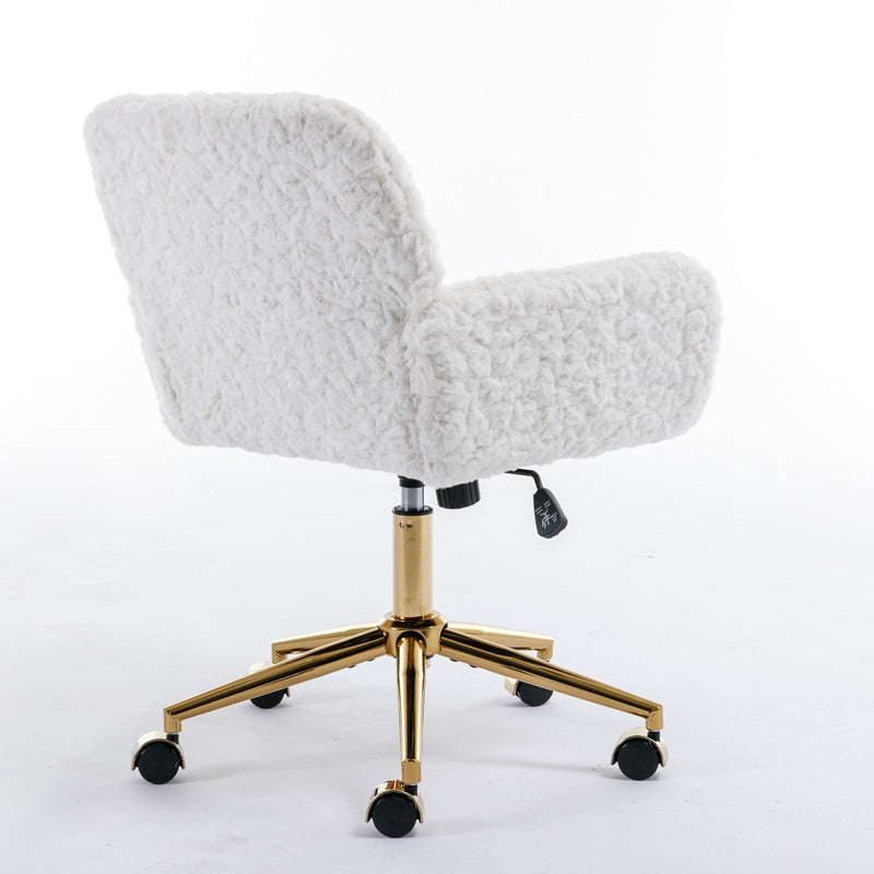 Office Chair, Artificial Rabbit Hair Home Office Chair With Golden Metal Base, Adjustable Desk Chair Swivel Office Chair, Vanity Chair