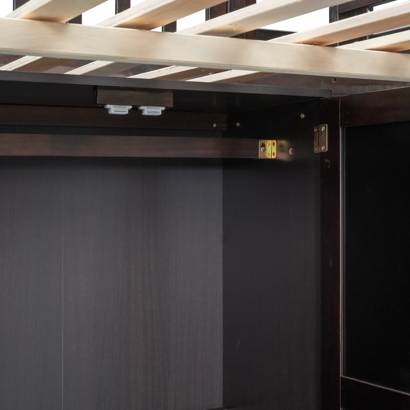 Full size Loft Bed with Bookshelf,Drawers,Desk,and Wardrobe-Espresso