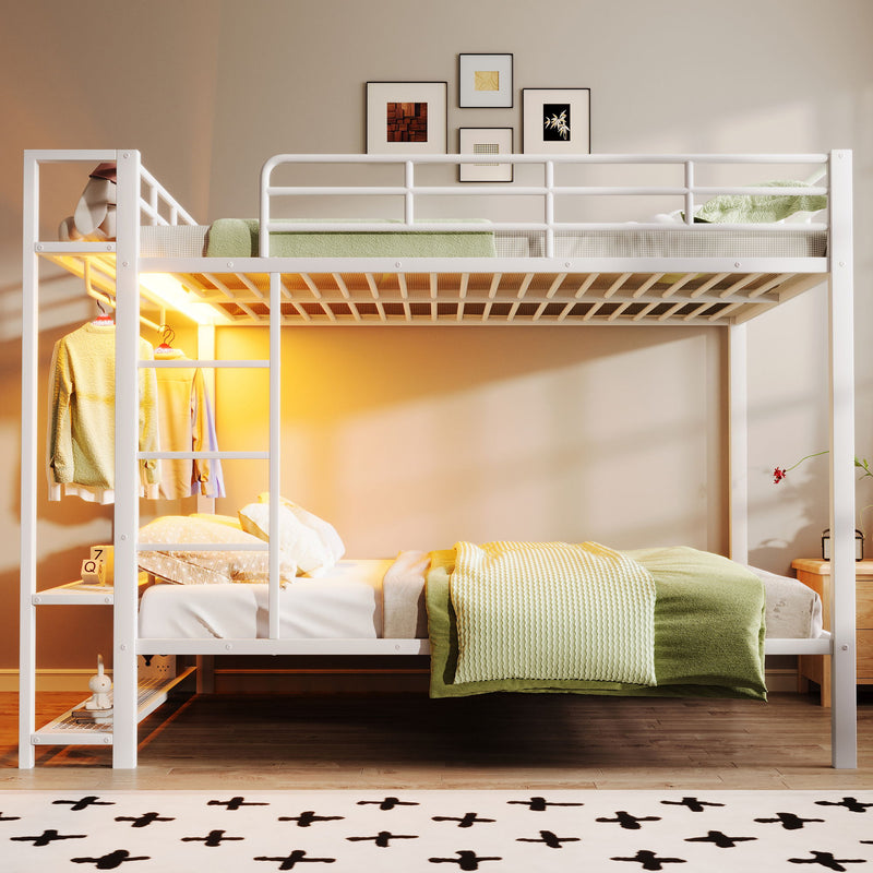 Bunk Bed With Storage Mesh Shelves, Clothes Hooks, LED Light