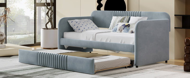 Upholstered Daybed Sofa Bed Twin Size With Trundle Bed and Wood Slat, Gray