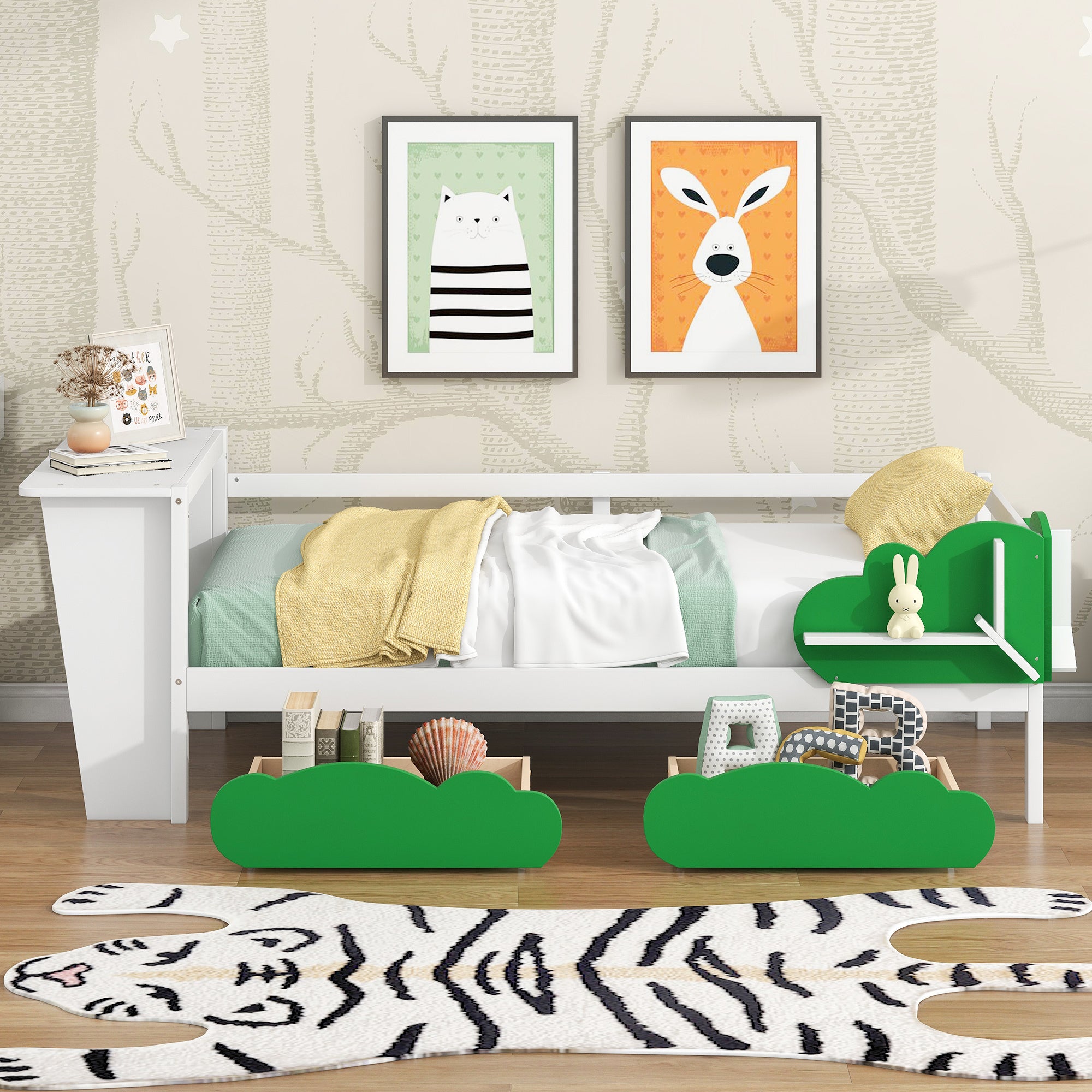 Twin Size Daybed with Desk, Green Leaf Shape Drawers and Shelves, White - Atlantic Fine Furniture Melbourne FL