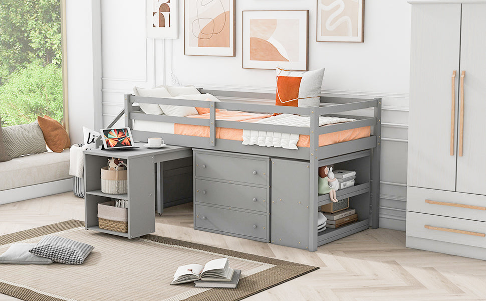Twin Size Loft Bed with Retractable Writing Desk and 3 Drawers, Wooden Loft Bed with Storage Stairs and Shelves, Gray - Atlantic Fine Furniture Melbourne FL