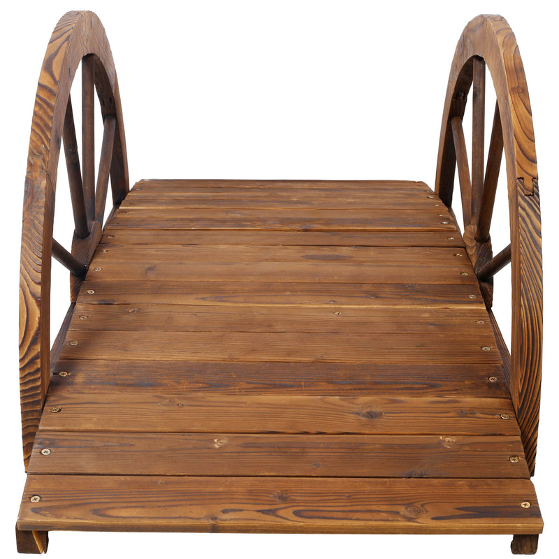 Wooden Garden Bridge Arc Footbridge With Half Wheel Railings Solid Fi - Brown