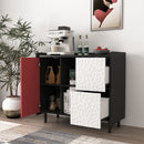 Modern Sideboard Buffet Cabinet With Red Doors And Unique Panel Styling