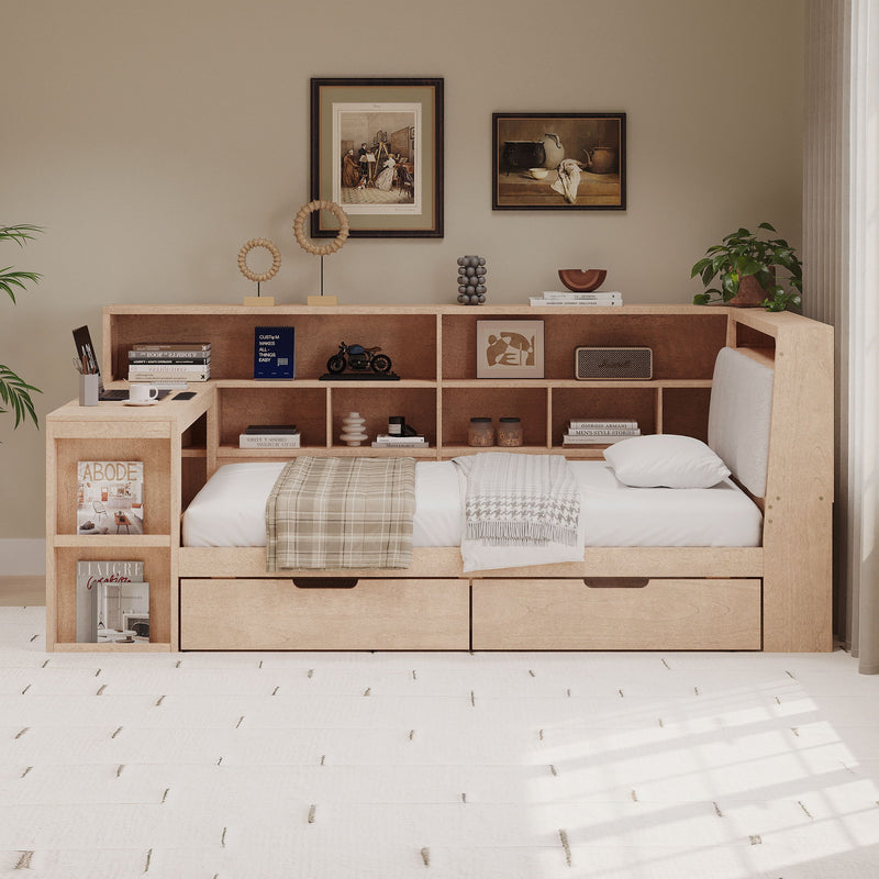 L Shaped Daybed With Desk, Bookcase, Upholstered Headboard, Drawers, And LED Light