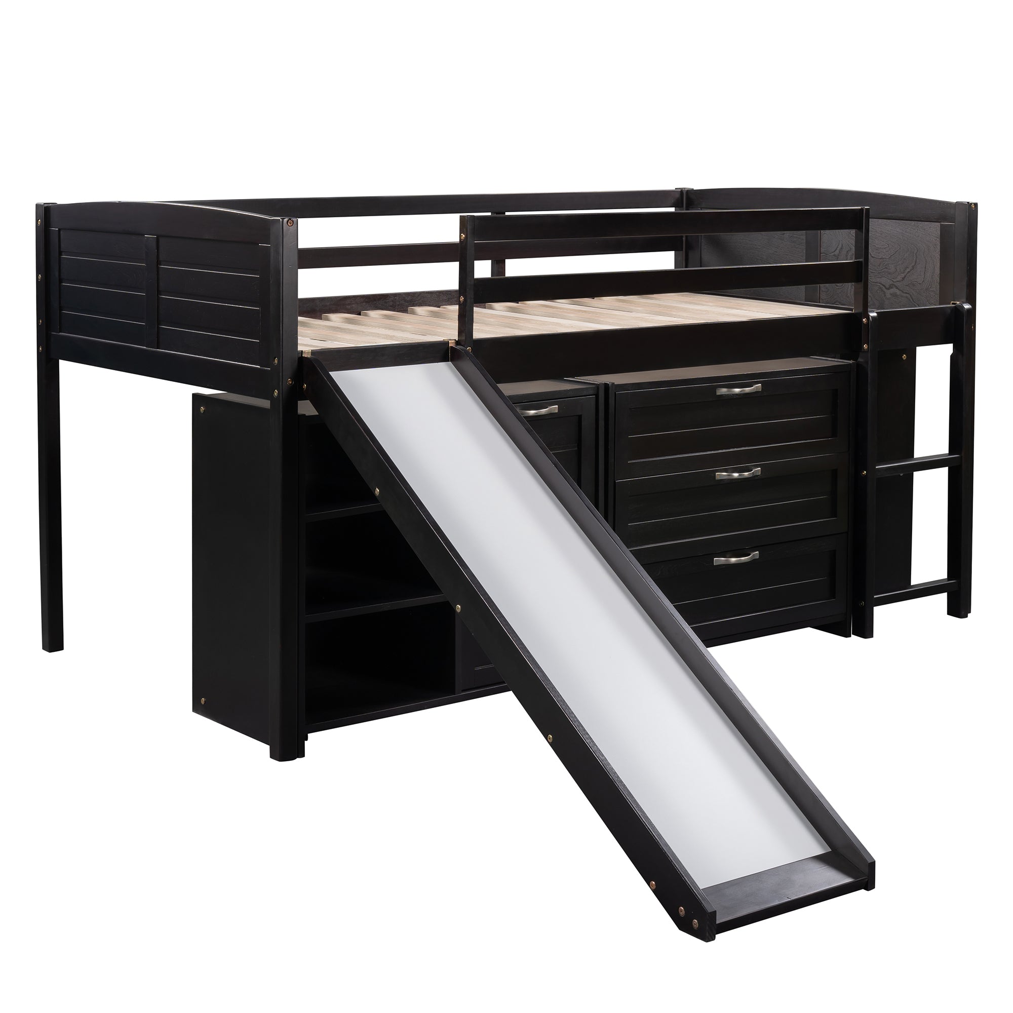 Low Twin Size Loft Bed with Cabinets, Shelves and Slide - Espresso(OLD SKU :LP000503AAP) - Atlantic Fine Furniture Melbourne FL