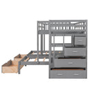 Full Over Twin & Twin Bunk Bed, Wood Triple Bunk Bed with Drawers and Guardrails (Gray)