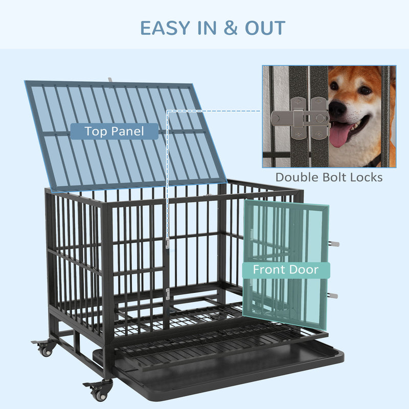 Pawhut - 36" Heavy Duty Dog Crate Metal Cage Kennel With Lockable Wheels, Double Door And Removable Tray - Gray