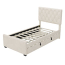 Twin Size Velvet Fabric Upholstered Platform Bed With Trundle And Adjustable Tufted Headboard - Beige