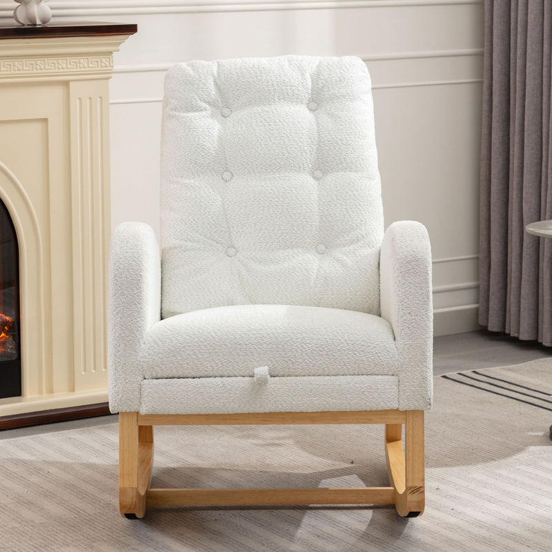 Accent Rocking Chair With Footrest High Back Rubber Wood Rocking Legs Bedroom Living Space - White