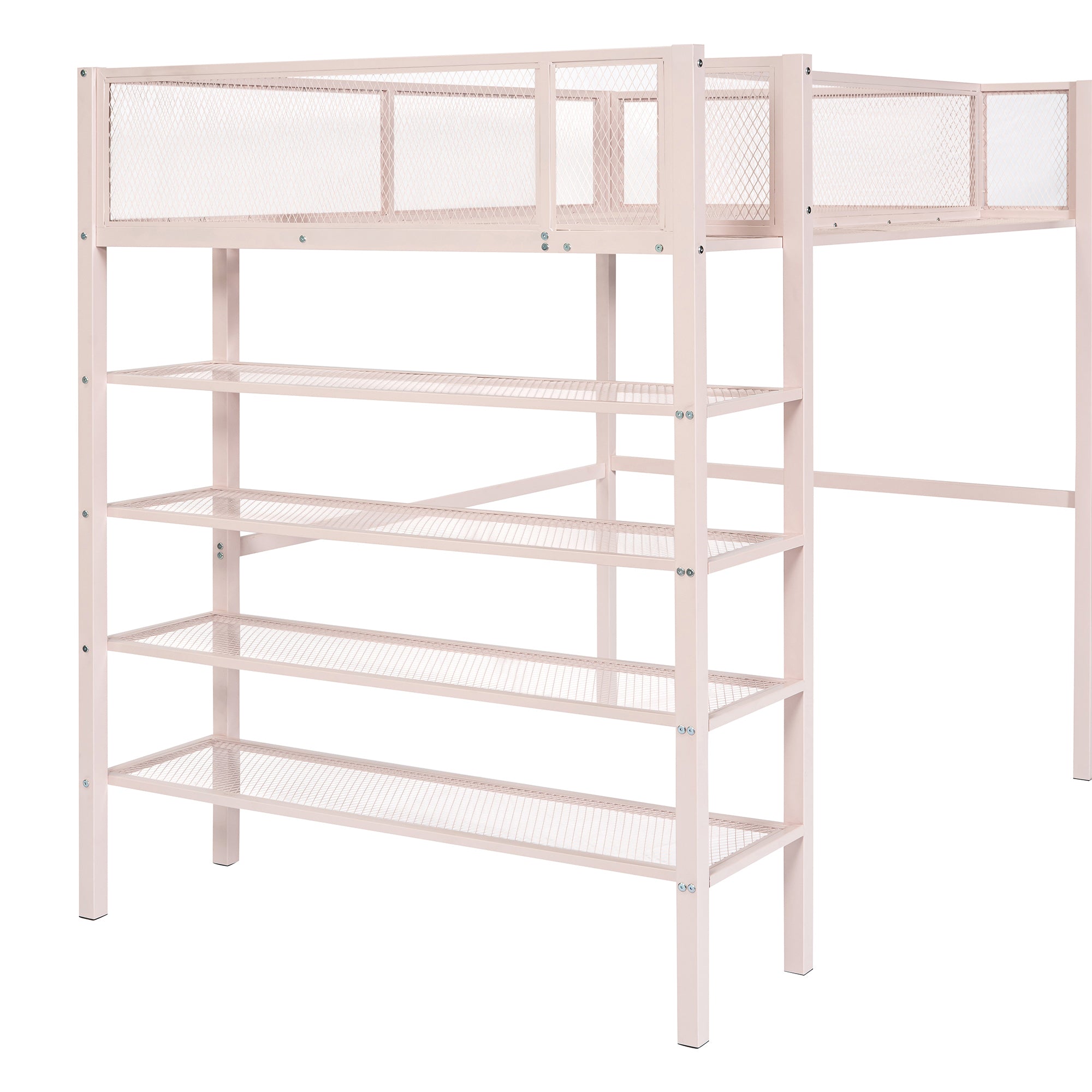 Twin Size Metal Loft Bed with 4-Tier Shelves and Storage, Pink - Atlantic Fine Furniture Melbourne FL