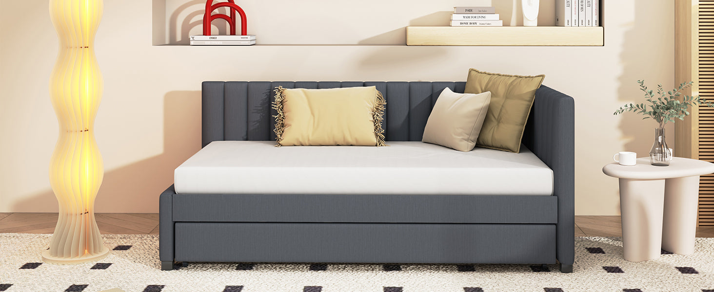 Upholstered Daybed with Trundle Twin Size Sofa Bed Frame No Box Spring Needed, Linen Fabric(Gray) - Atlantic Fine Furniture Melbourne FL