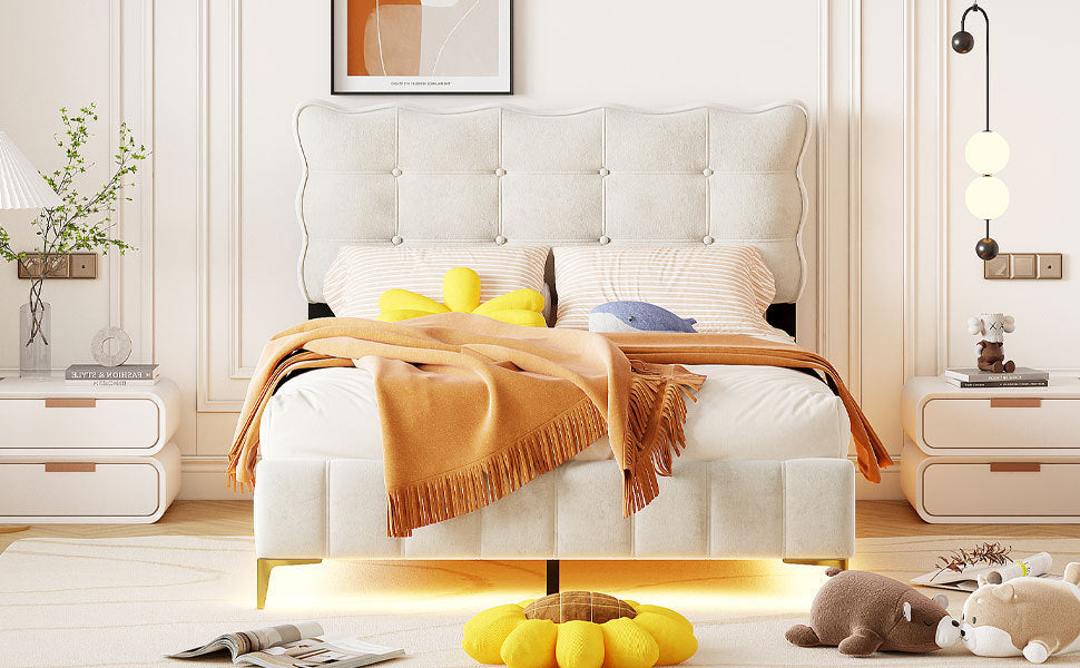 Full Size Velvet Platform Bed with LED Frame and Stylish Mental Bed Legs, Beige - Atlantic Fine Furniture Melbourne FL