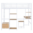 Full Size Loft Bed With Desk And Stool, With Open Style Wardrobe, Shelves And Cabinet - White