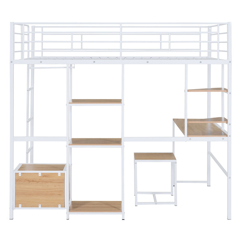Full Size Loft Bed With Desk And Stool, With Open Style Wardrobe, Shelves And Cabinet - White