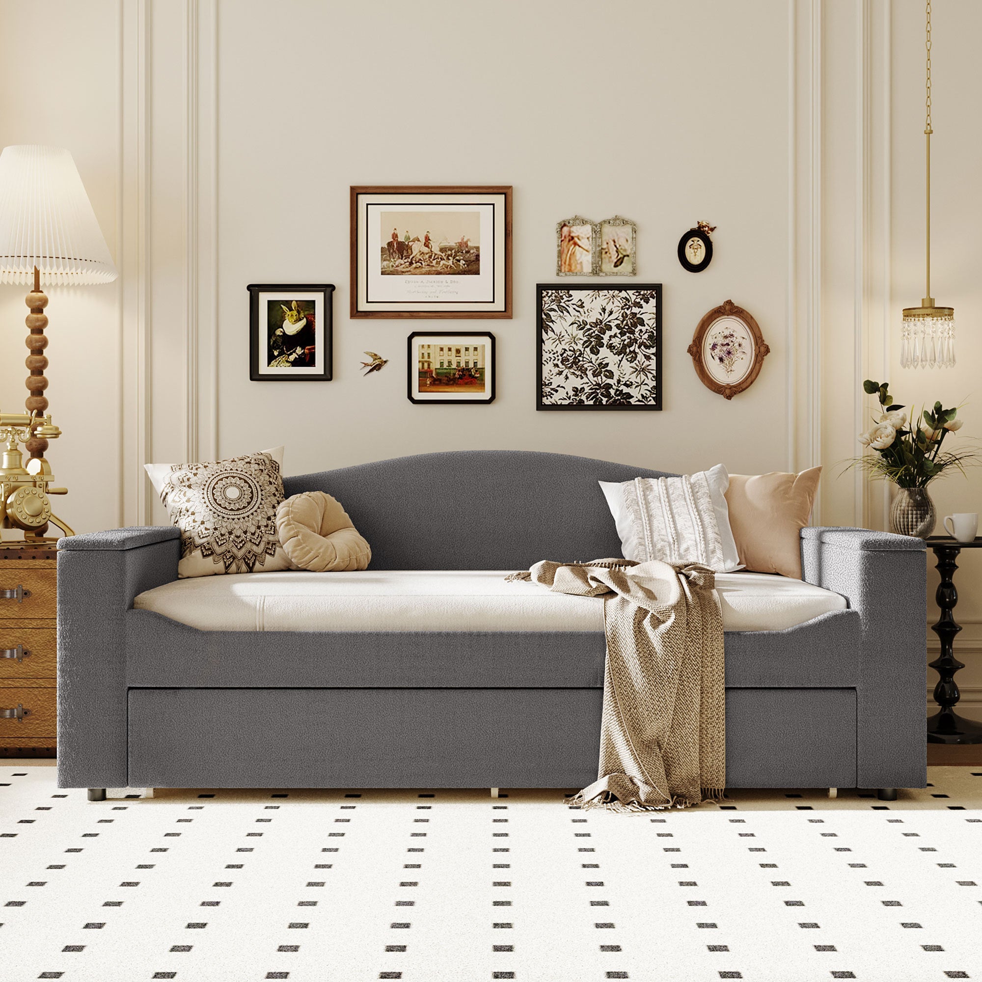 Twin Size Upholstered Daybed with Storage Armrests, Trundle and Latest Integrated Bluetooth Audio System, Teddy Fleece, Gray - Atlantic Fine Furniture Melbourne FL
