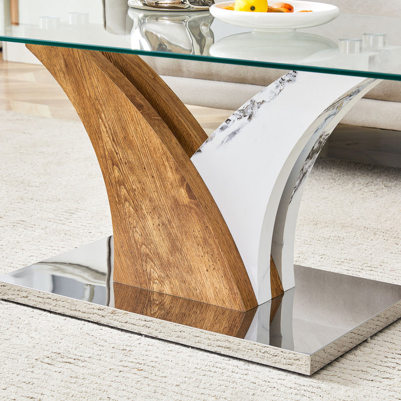 Artistic Rectangular Coffee Table With Tempered Glass Countertop