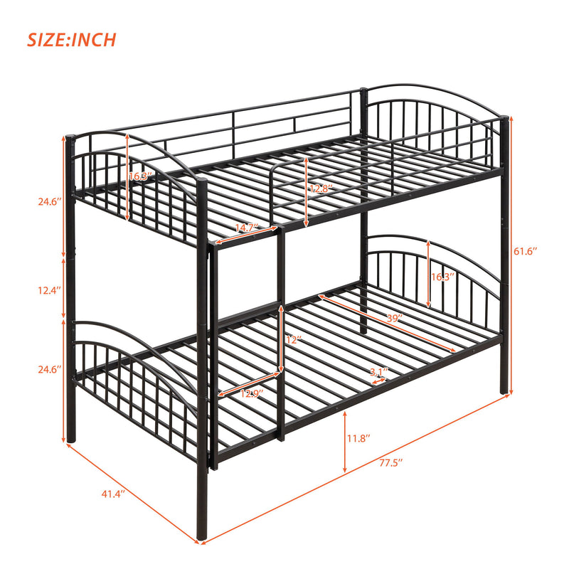 Twin Over Twin Metal Bunk Bed, Divided Into Two Beds - Black