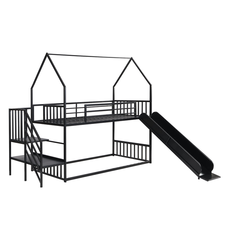 Twin Over Twin Metal Bunk Bed House Bed With Slide And Staircase