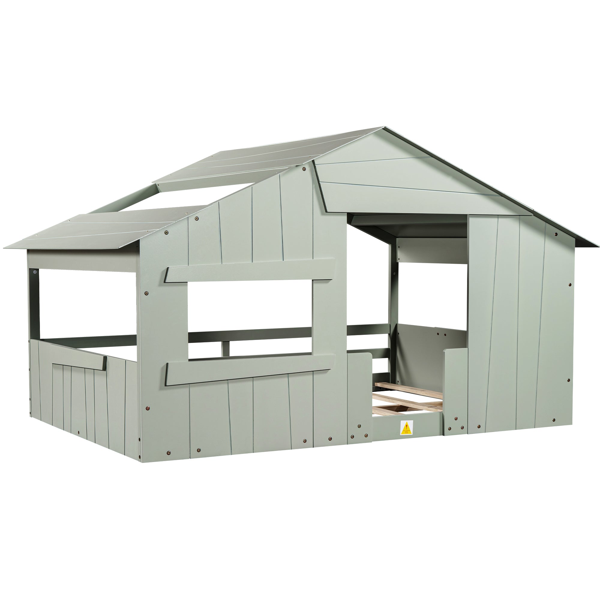 Wood Full Size House Bed with Roof, Window and Guardrail, Light Green - Atlantic Fine Furniture Melbourne FL