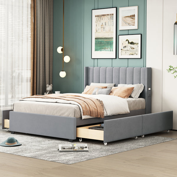 Full Size Upholstered Bed with 4 Drawers, Gray