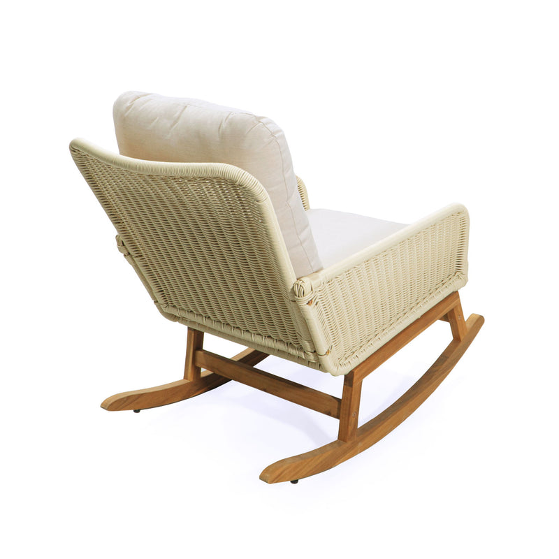 Contemporary Minimalist Wicker Rocking Chair Set With Soft Polyester Cushions And Durable Wooden Frame For Indoor And Outdoor Spaces - Ivory