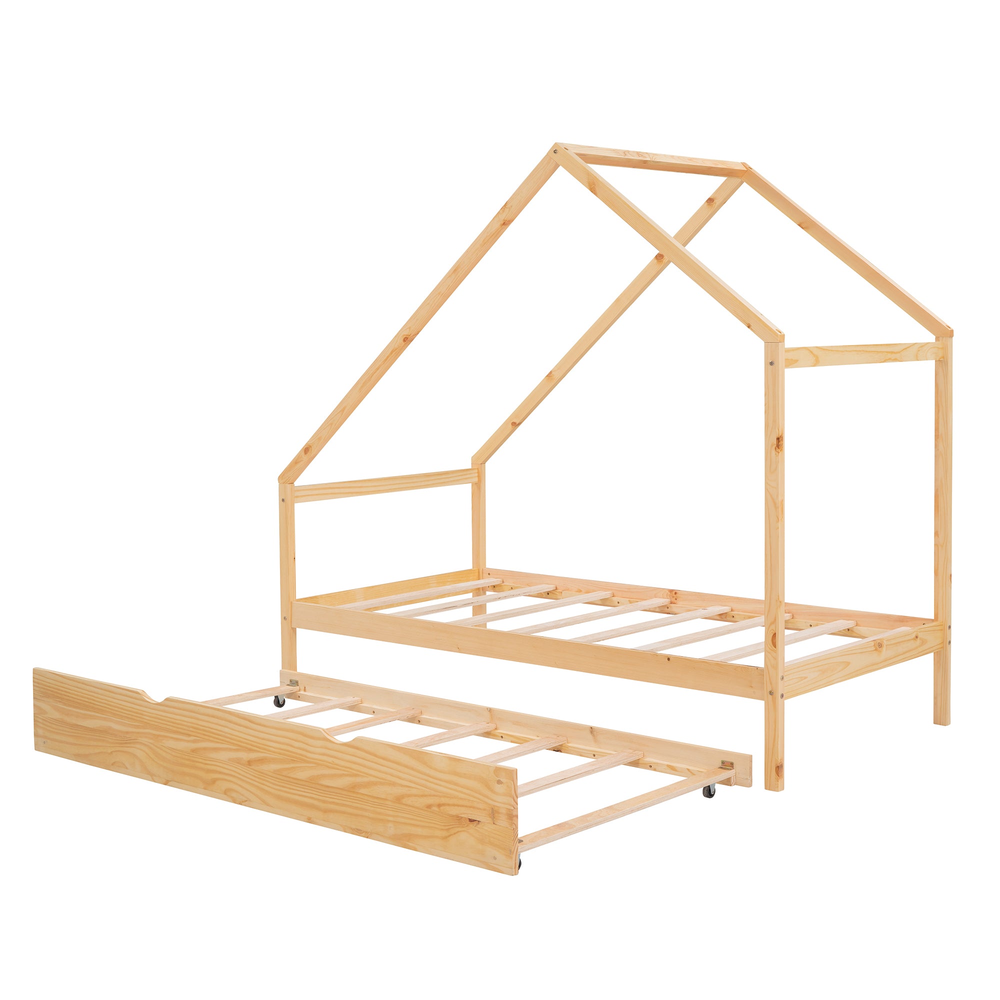 Twin Size Wooden House Bed With Twin Size Trundle, Natural - Atlantic Fine Furniture Melbourne FL