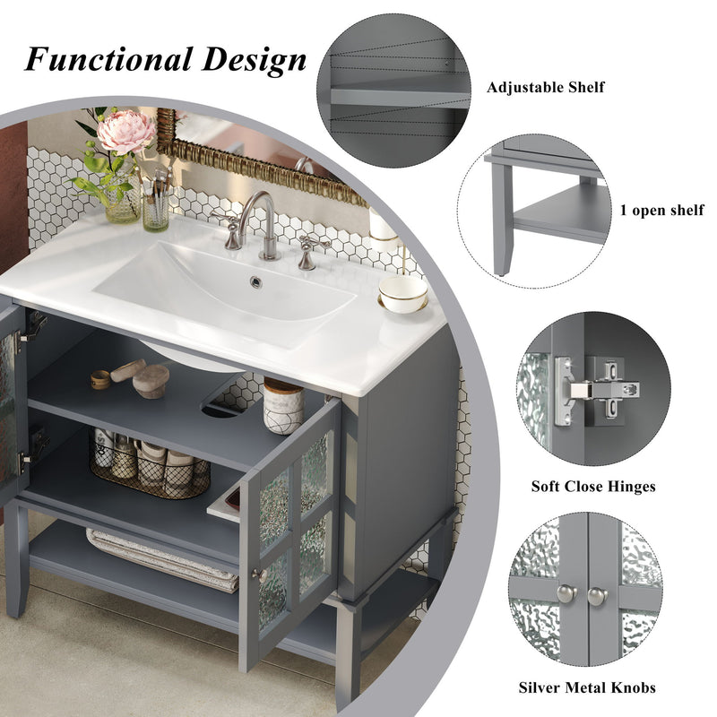 Bathroom Vanity With Ceramic Sink, Adjustable & Open Shelf