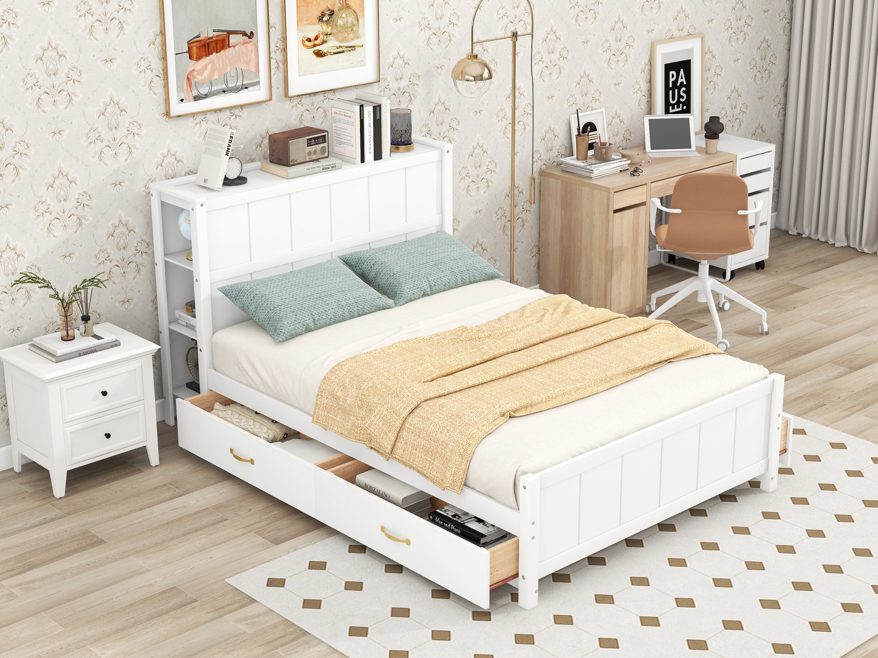 Full Size Platform Bed with Drawers and Storage Shelves, White