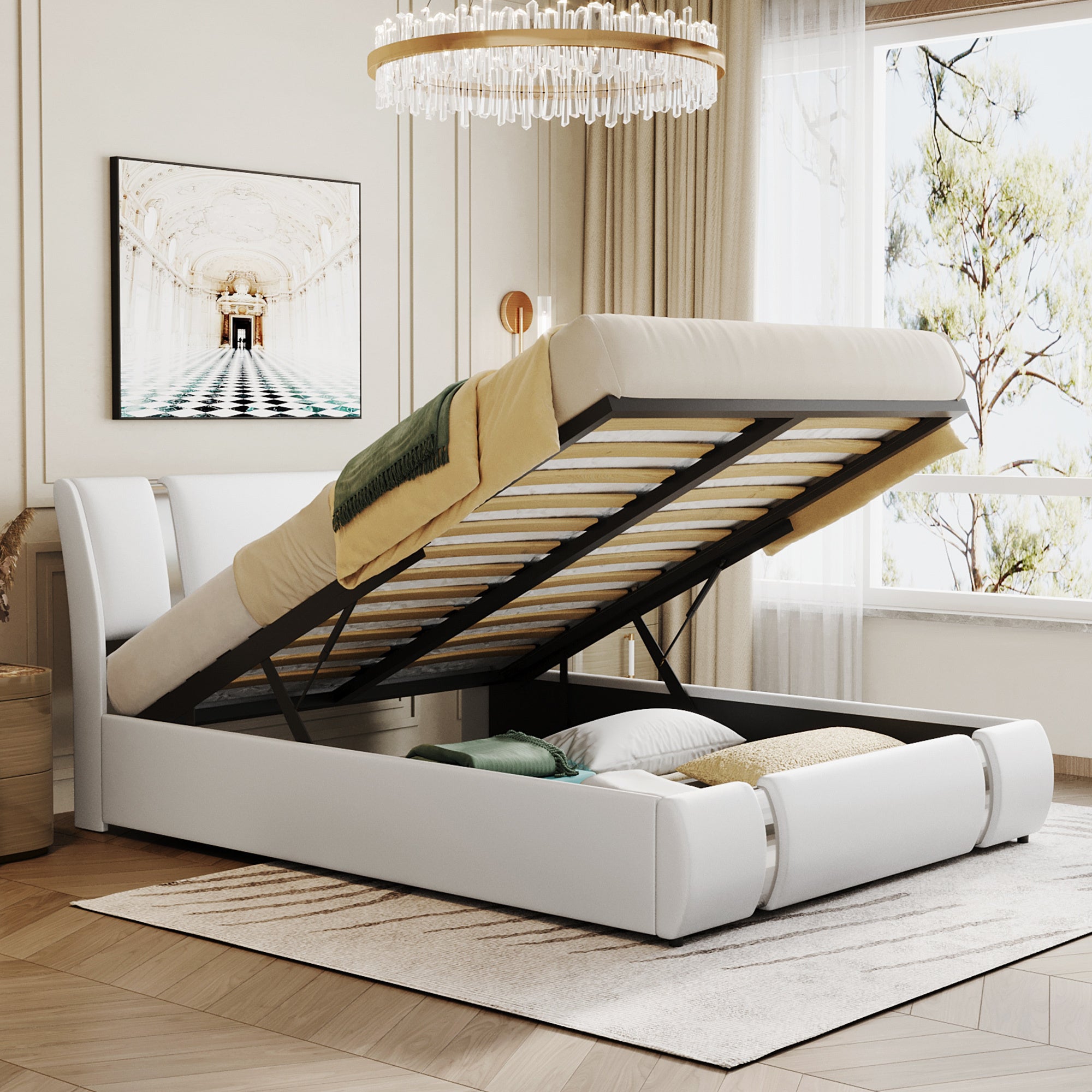 Queen Size Upholstered Faux Leather Platform bed with a Hydraulic Storage System, White - Atlantic Fine Furniture Melbourne FL