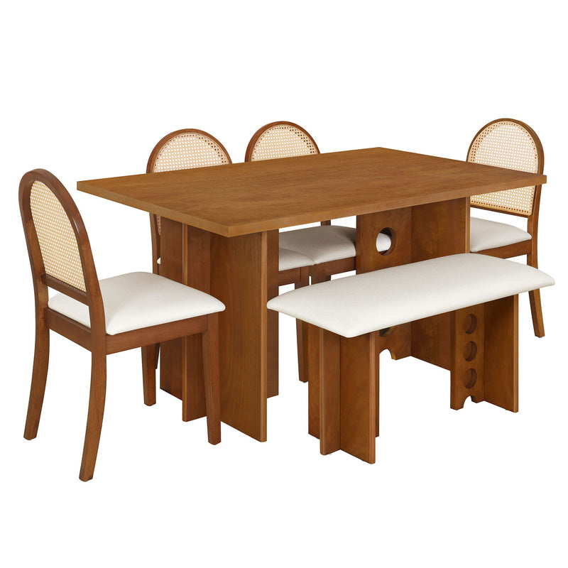 Modern Double Pedestal 6 Piece Dining Table Set, 4 Upholstered Rattan Back Dining Chairs And Bench